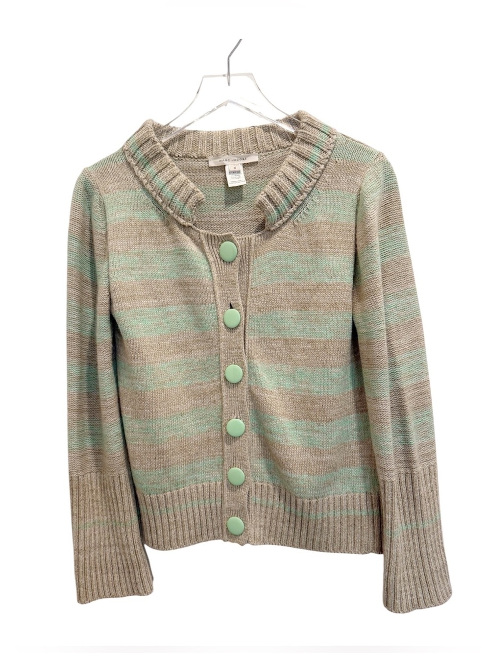 MARC JACOBS Striped Knit Cardigan Sweater Taupe Green Button Front Cashmere